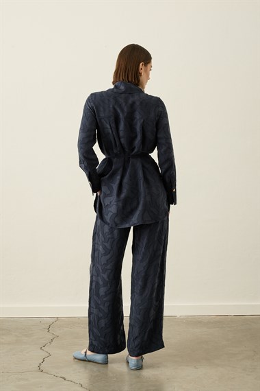 Jakarlı Düğmeli Lyocell Pantolonlu Takım LACİVERT