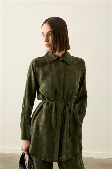 Jakarlı Düğmeli Lyocell Pantolonlu Takım HAKİ