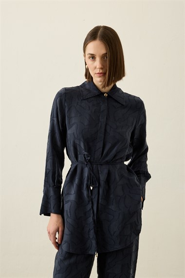 Jakarlı Düğmeli Lyocell Pantolonlu Takım LACİVERT