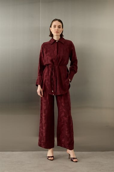 Jakarlı Düğmeli Lyocell Pantolonlu Takım MÜRDÜM