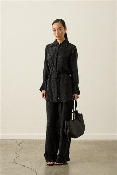 Jakarlı Düğmeli Lyocell Pantolonlu Takım SİYAH