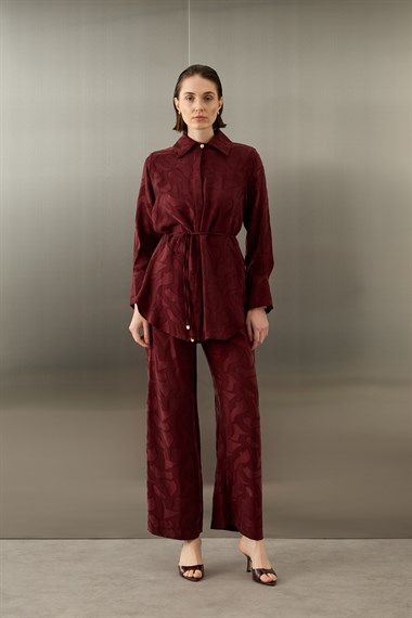 Jakarlı Düğmeli Lyocell Pantolonlu Takım MÜRDÜM