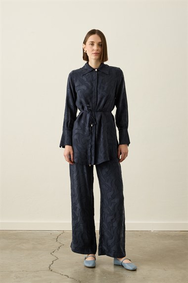 Jakarlı Düğmeli Lyocell Pantolonlu Takım LACİVERT