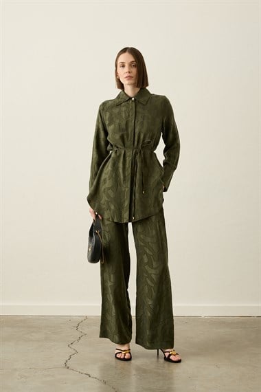 Jakarlı Düğmeli Lyocell Pantolonlu Takım HAKİ