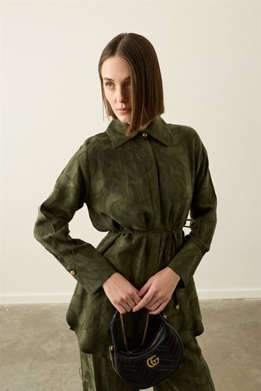 Jakarlı Düğmeli Lyocell Pantolonlu Takım HAKİ