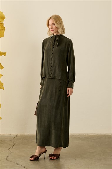 Jamila Britli Düğmeli Etekli Takım HAKİ