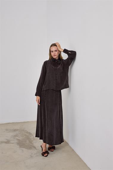 Jamila Britli Düğmeli Etekli Takım KAHVERENGİ