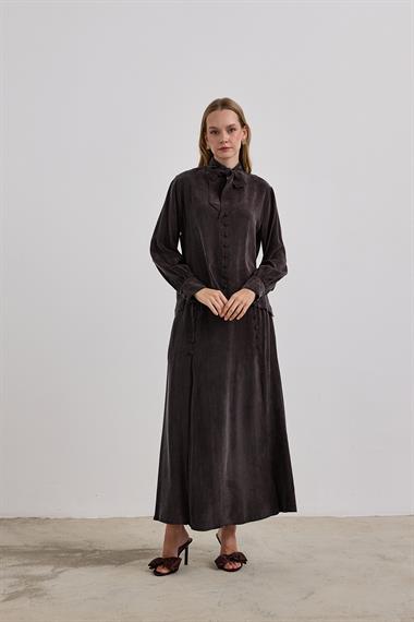 Jamila Britli Düğmeli Etekli Takım KAHVERENGİ