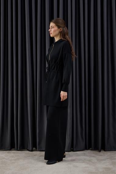 Lady Fermuarlı Kapüşonlu Triko Pantolonlu Takım SİYAH