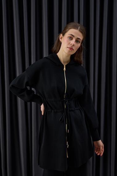 Lady Fermuarlı Kapüşonlu Triko Pantolonlu Takım SİYAH