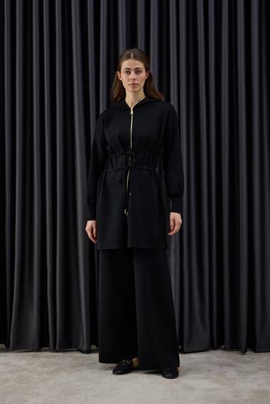 Lady Fermuarlı Kapüşonlu Triko Pantolonlu Takım SİYAH