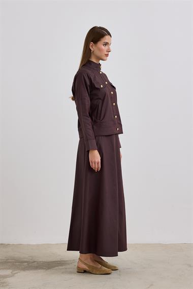 Lara Gold Düğmeli Cepli Etekli Takım KAHVERENGİ