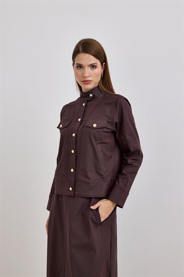 Lara Gold Düğmeli Cepli Etekli Takım KAHVERENGİ