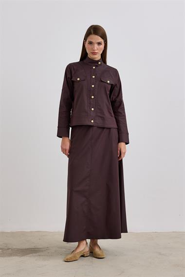 Lara Gold Düğmeli Cepli Etekli Takım KAHVERENGİ