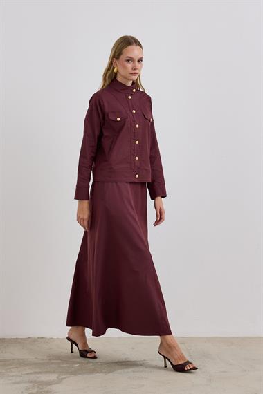 Lara Gold Düğmeli Cepli Etekli Takım MÜRDÜM