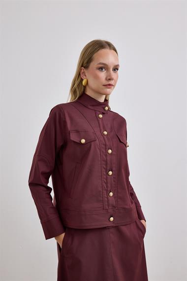 Lara Gold Düğmeli Cepli Etekli Takım MÜRDÜM