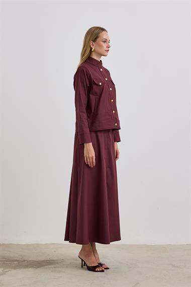 Lara Gold Düğmeli Cepli Etekli Takım MÜRDÜM