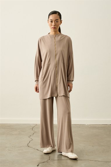 Leila Dikiş Detaylı Örme Rayon Pantolonlu Takım VİZON