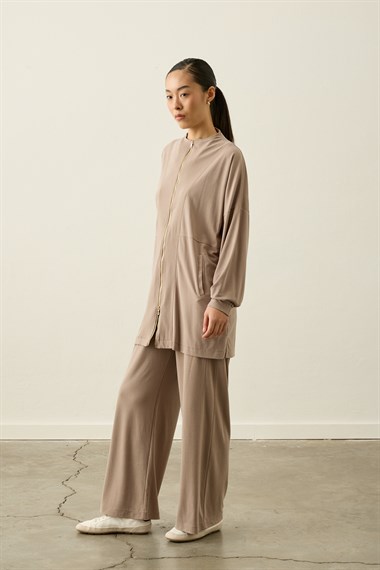 Leila Dikiş Detaylı Örme Rayon Pantolonlu Takım VİZON