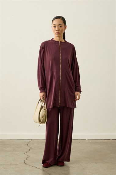 Leila Dikiş Detaylı Örme Rayon Pantolonlu Takım MÜRDÜM