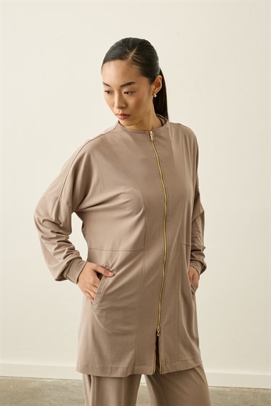 Leila Dikiş Detaylı Örme Rayon Pantolonlu Takım VİZON