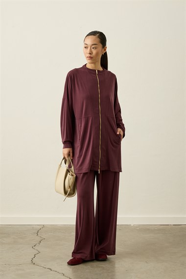 Leila Dikiş Detaylı Örme Rayon Pantolonlu Takım MÜRDÜM