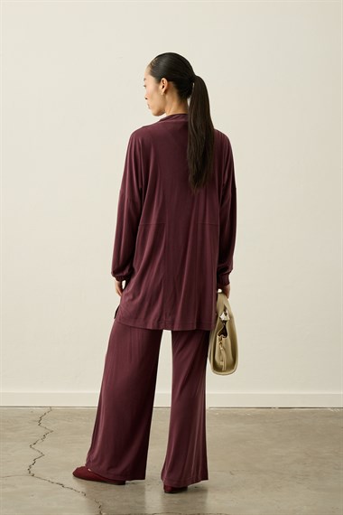 Leila Dikiş Detaylı Örme Rayon Pantolonlu Takım MÜRDÜM