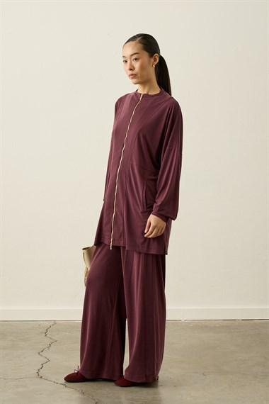 Leila Dikiş Detaylı Örme Rayon Pantolonlu Takım MÜRDÜM