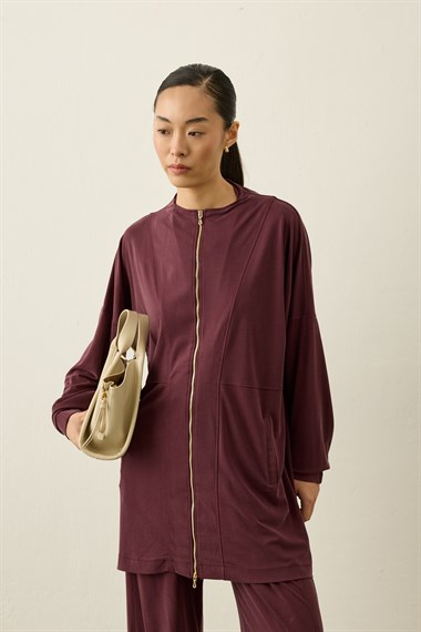 Leila Dikiş Detaylı Örme Rayon Pantolonlu Takım MÜRDÜM