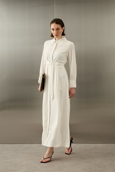 Lesly Kemeri Tokalı Lyocell Elbise BEYAZ