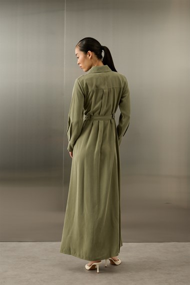 Lesly Kemeri Tokalı Lyocell Elbise HAKİ