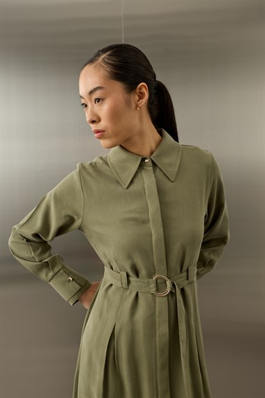 Lesly Kemeri Tokalı Lyocell Elbise HAKİ