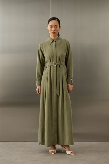 Lesly Kemeri Tokalı Lyocell Elbise HAKİ