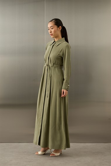 Lesly Kemeri Tokalı Lyocell Elbise HAKİ