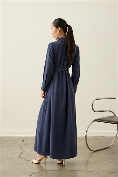 Lesly Kemeri Tokalı Lyocell Elbise LACİVERT