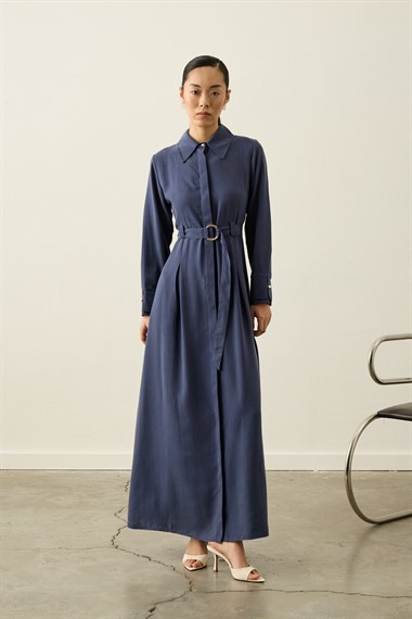 Lesly Kemeri Tokalı Lyocell Elbise LACİVERT