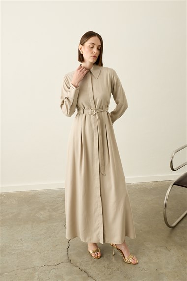 Lesly Kemeri Tokalı Lyocell Elbise TAŞ