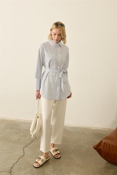 Linens Seyyar Kuşaklı Çizgili Pamuk Gömlek MAVİ