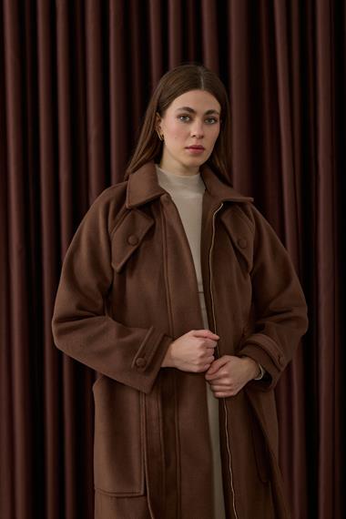 Lona Fermuarlı Büyük Cepli Kaban KAHVERENGİ