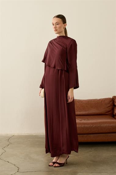 Lora Asimetrik Şal Detaylı Dökümlü Elbise MÜRDÜM