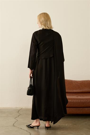 Lora Asimetrik Şal Detaylı Dökümlü Elbise SİYAH