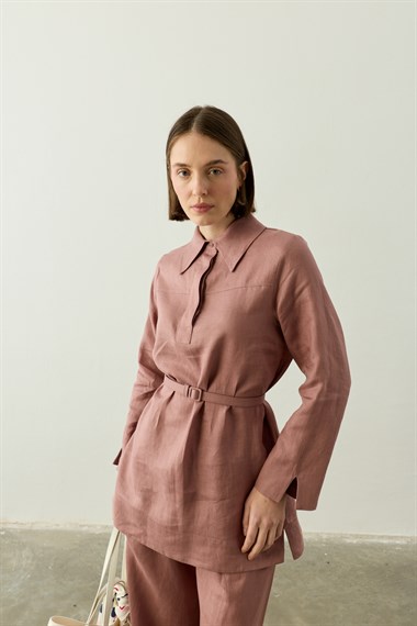 Luba Yarım Patlı Gömlek Yaka Keten Pantolonlu Takım GÜL KURUSU