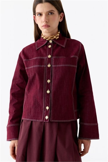 Luv Düğmeli Kontrast Dikişli Denim Ceket BORDO