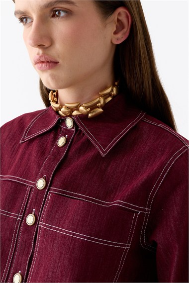 Luv Düğmeli Kontrast Dikişli Denim Ceket BORDO