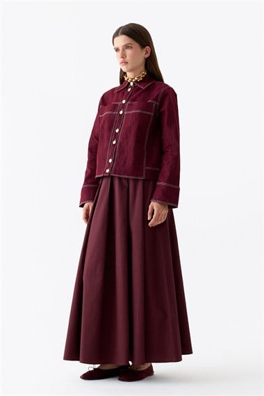Luv Düğmeli Kontrast Dikişli Denim Ceket BORDO