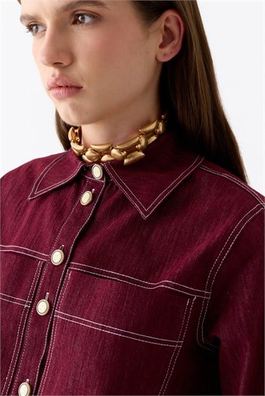 Luv Düğmeli Kontrast Dikişli Denim Ceket BORDO