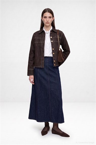 Luv Düğmeli Kontrast Dikişli Denim Ceket ACI KAHVE