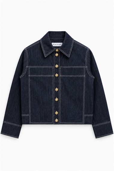 Luv Düğmeli Kontrast Dikişli Denim Ceket LACİVERT