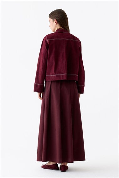 Luv Düğmeli Kontrast Dikişli Denim Ceket BORDO