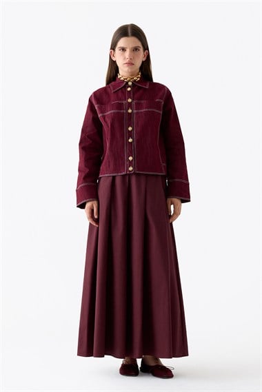 Luv Düğmeli Kontrast Dikişli Denim Ceket BORDO